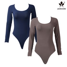 Round Neck Long Sleeved Brushed Warm Jumpsuit (Option: Tibetan blue x coffee color-Xl)